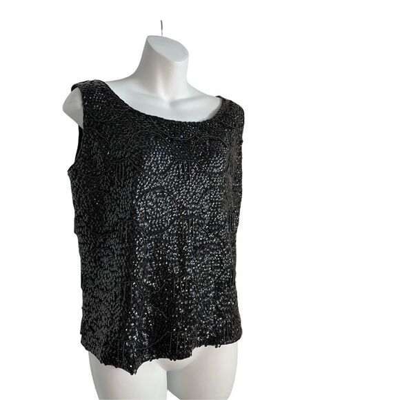Vintage 1960s Black Sequined Crystal Embellishments Scalloped Formal Party Top M - Picture 6 of 17